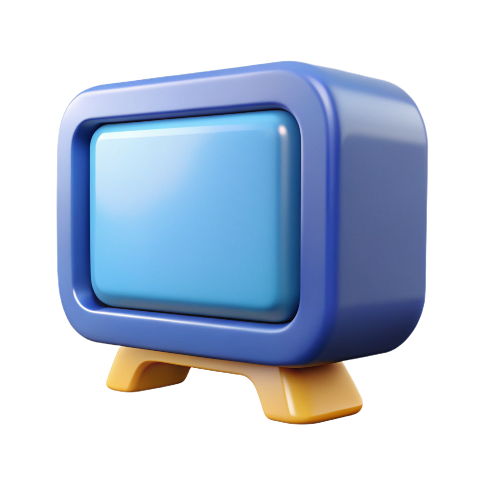 Retro blue television with a tan stand against a transparent background png