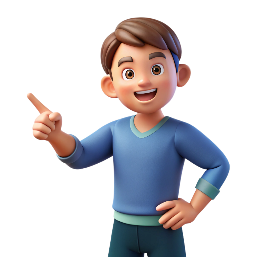 Animated young boy pointing upwards with a friendly expression png