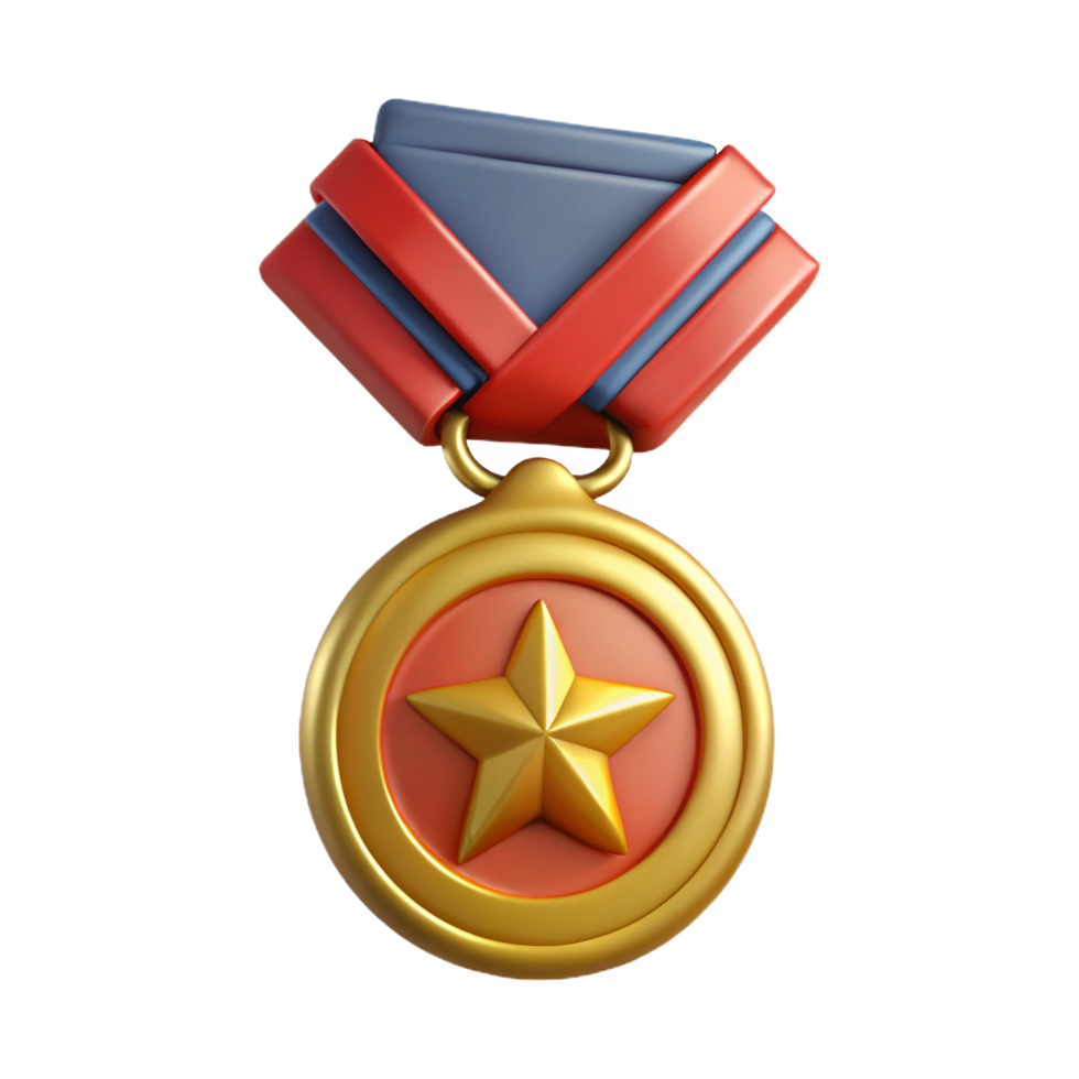 Golden star medal with green and yellow ribbon against a transparent background png