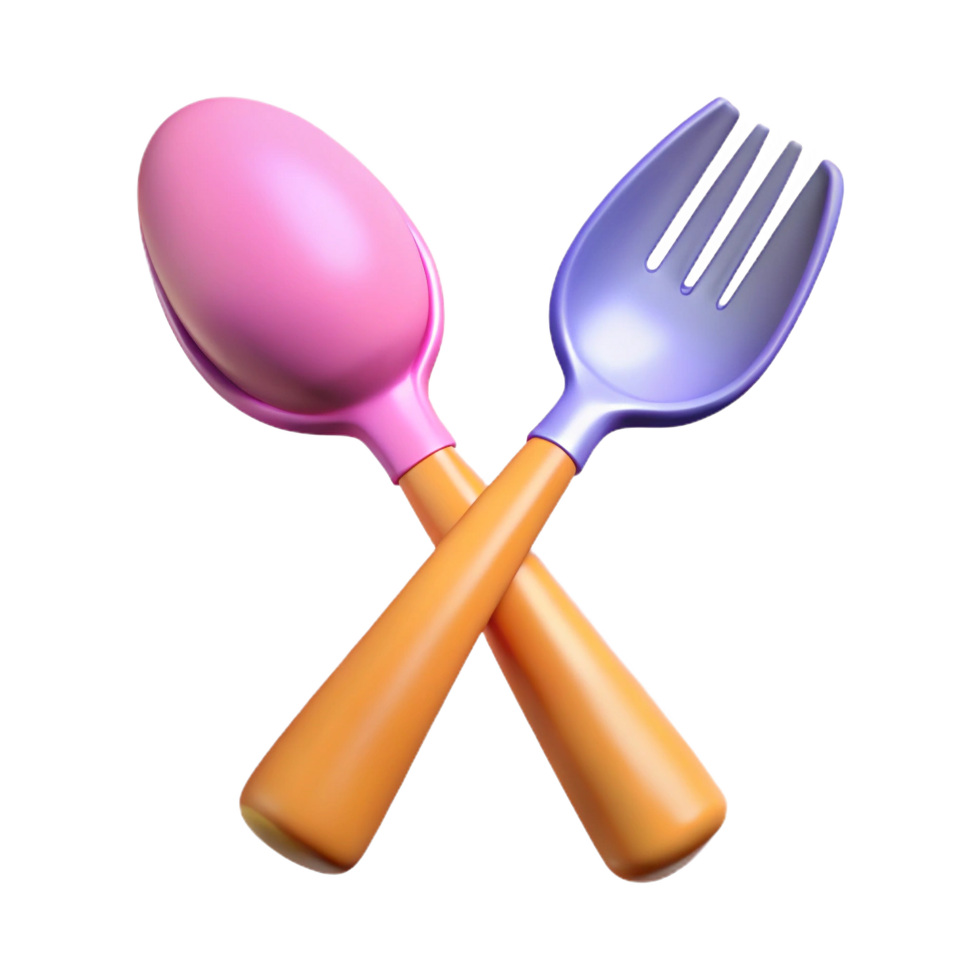 Crossed fork and spoon with vibrant handles on a transparent background png