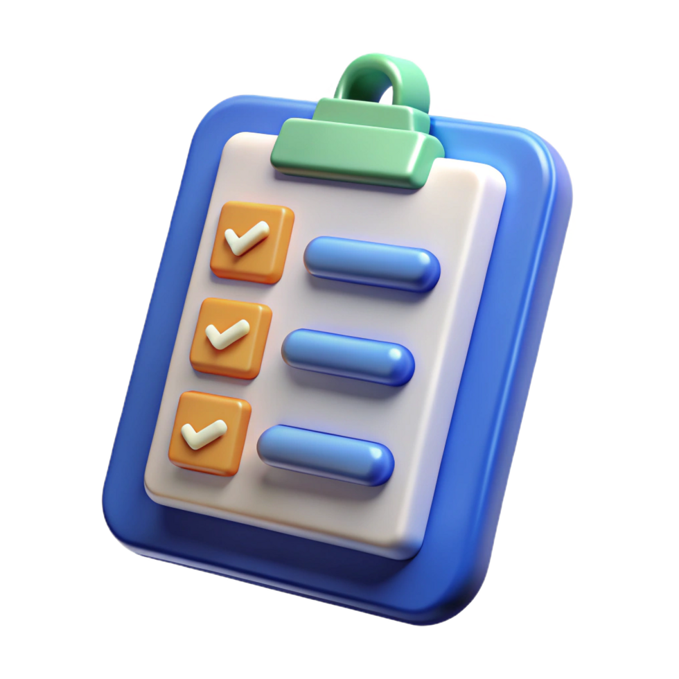 Stylized 3d blue clipboard with checklist and orange clip png