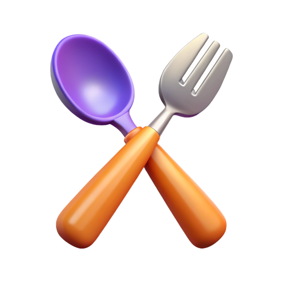 Crossed plastic spoon and fork with brightly colored handles on transparent background png