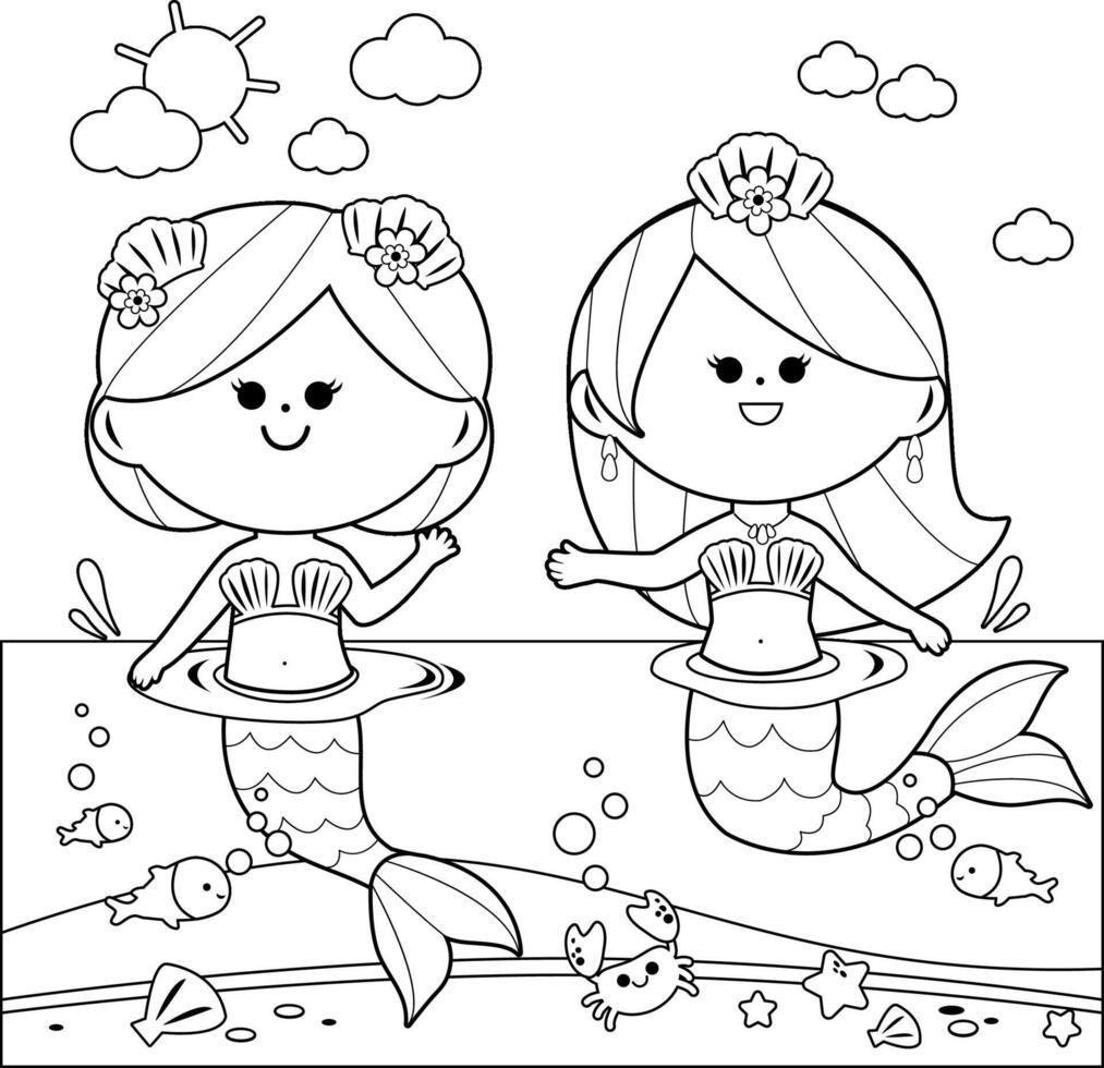 Beautiful mermaids and fish swimming in the water. Pretty mermaid princesses on summer island vacations in the sea. Black and white coloring page vector