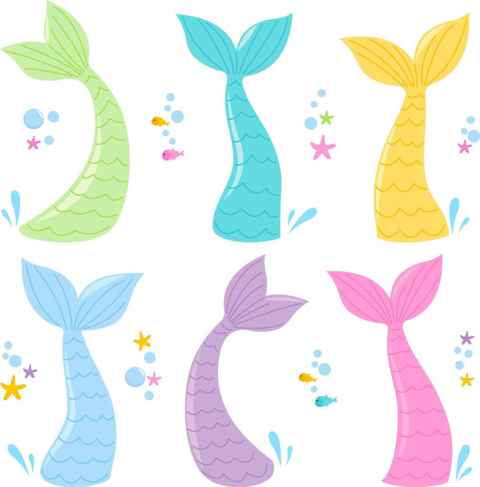 Cute colorful mermaid siren tails and sea animals collection. Pretty colorful mermaids swim with the fish underwater, diving and splashing water. vector
