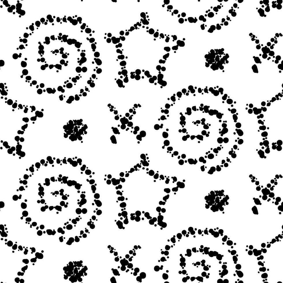 Abstract pattern of spirals, stars, and crosses. Lines with dots of different thicknesses, and a fine scattering. A brush for creating lines with dots. Monochrome. drawing with hand-drawn effects. vector