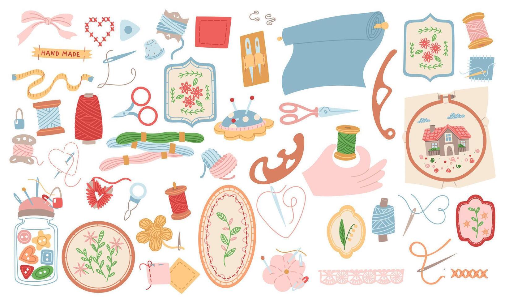set of items for sewing and embroidery. flat color illustration. Threads, needles, fabrics, embroidery hoops, patches, needle cushion. for packaging design, prints, blogs, educational materials vector