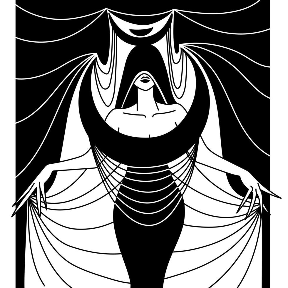 Monochrome illustration of a witch in a flat color style. A moon witch in a dress. Suitable for posters, covers, clothing design, printed products, social media, and advertising. Halloween vector