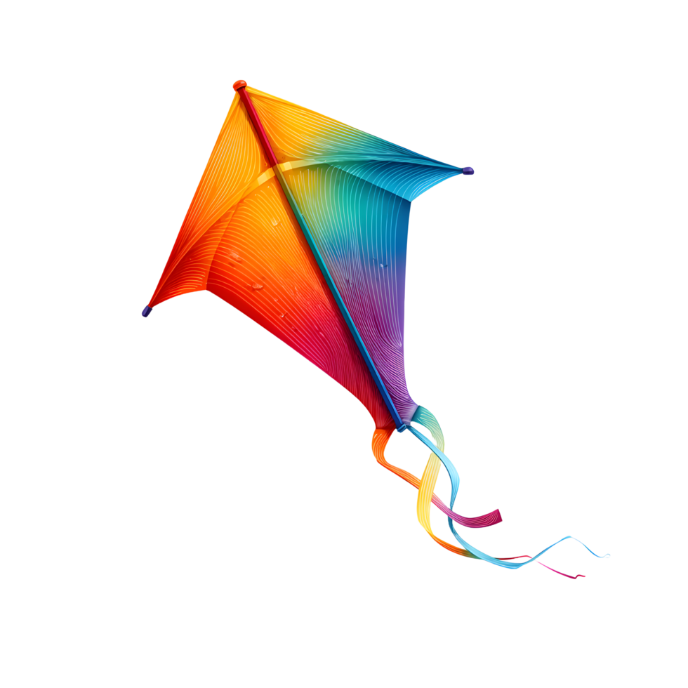 Vibrant rainbow diamond kite with yellow tail floating gracefully isolated on transparent background png