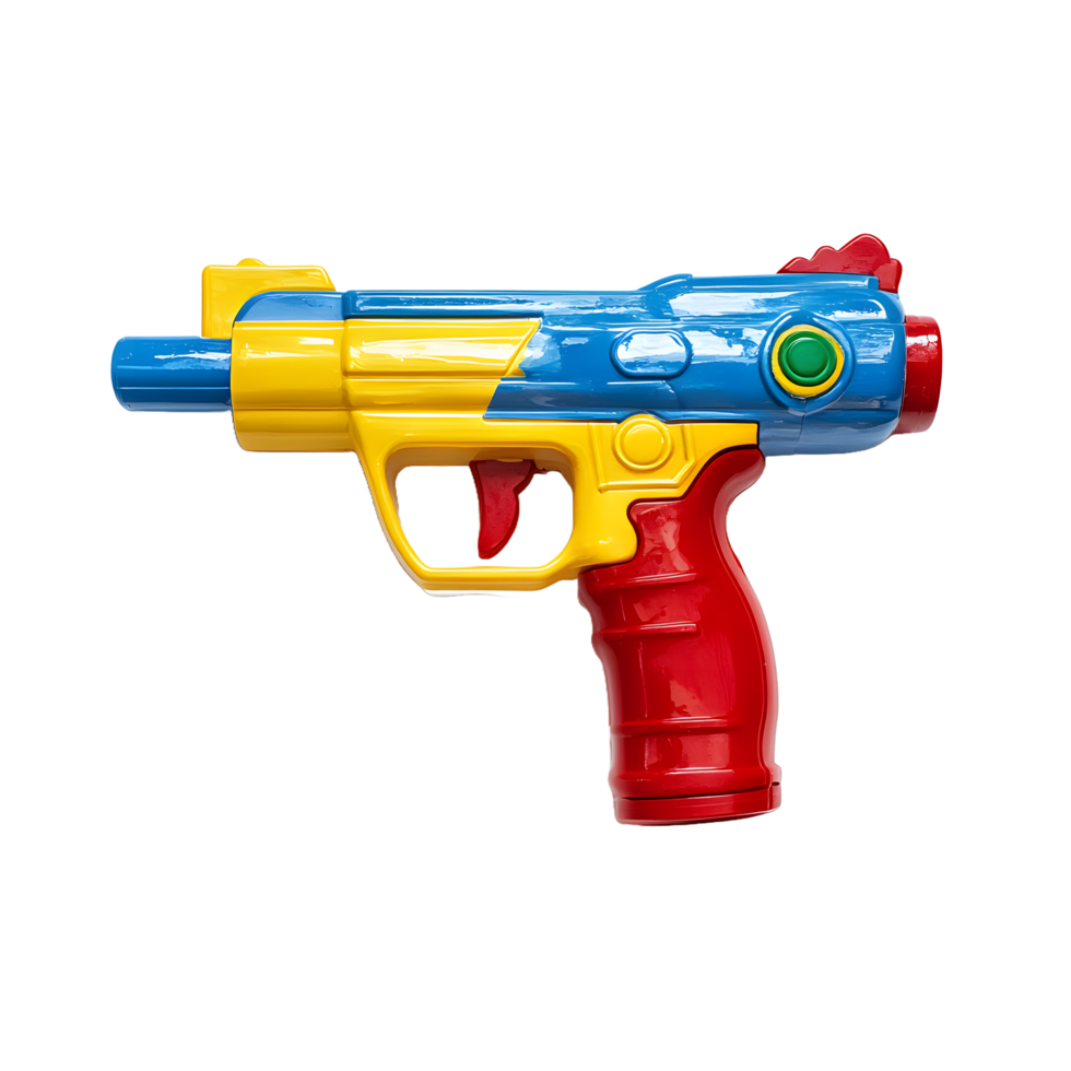 Colorful toy pistol with blue yellow and red sections isolated on transparent background png