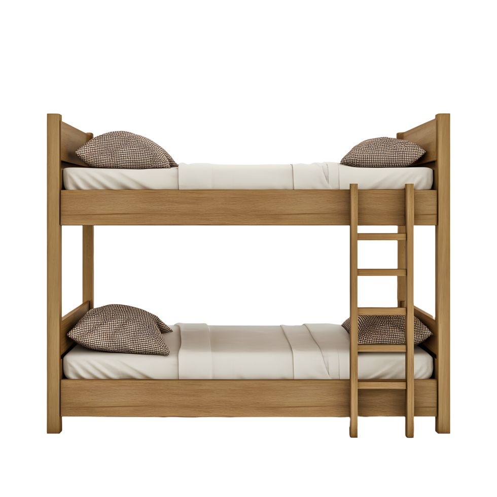 Rustic wooden bunk bed with patterned pillows and white mattresses isolated on transparent background png