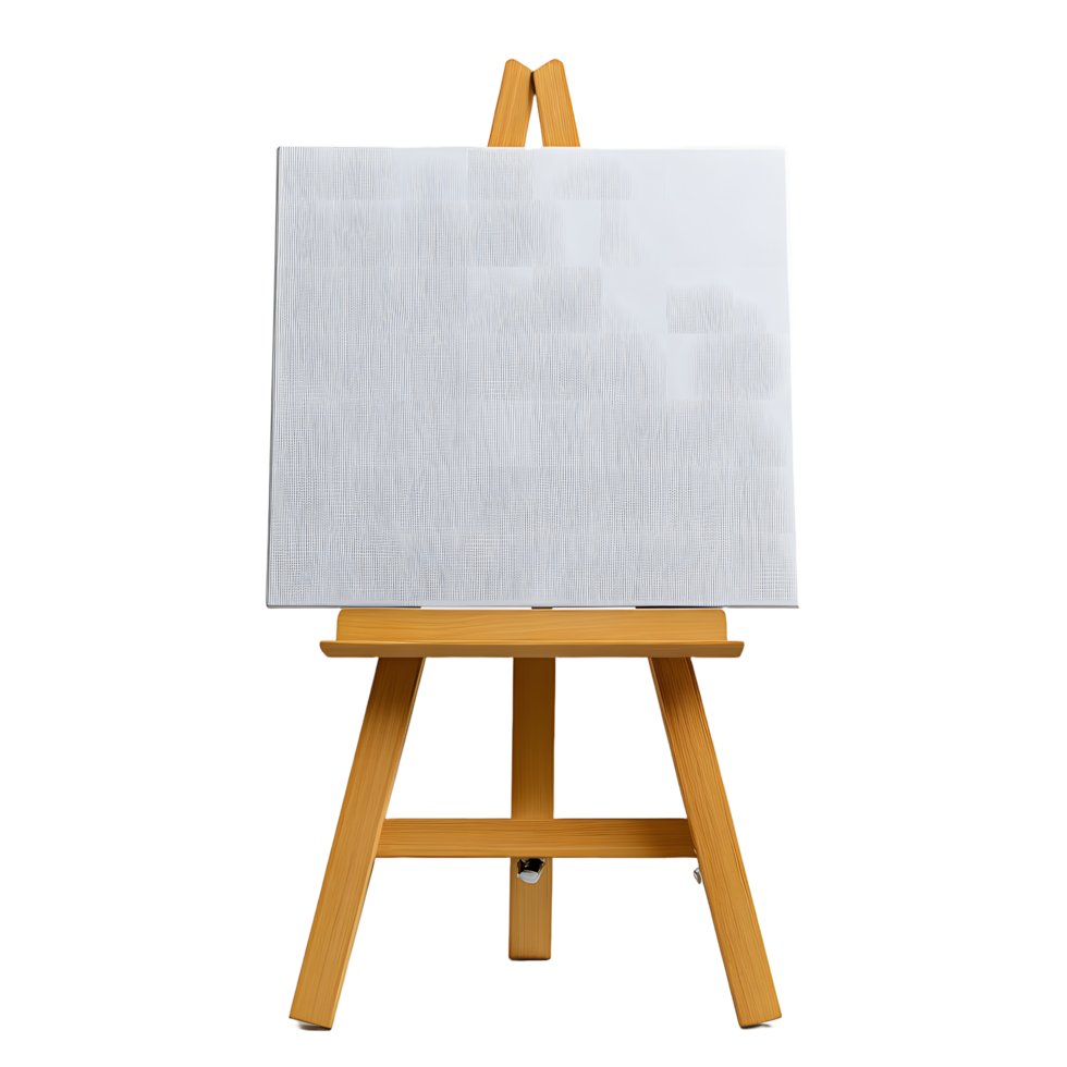 Wooden artist easel holding a textured white canvas with abstract line art isolated on transparent background png