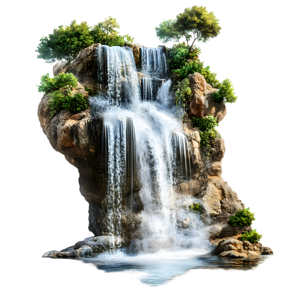 Majestic cascading waterfall flowing over mossy rocks with lush green trees isolated on transparent background png