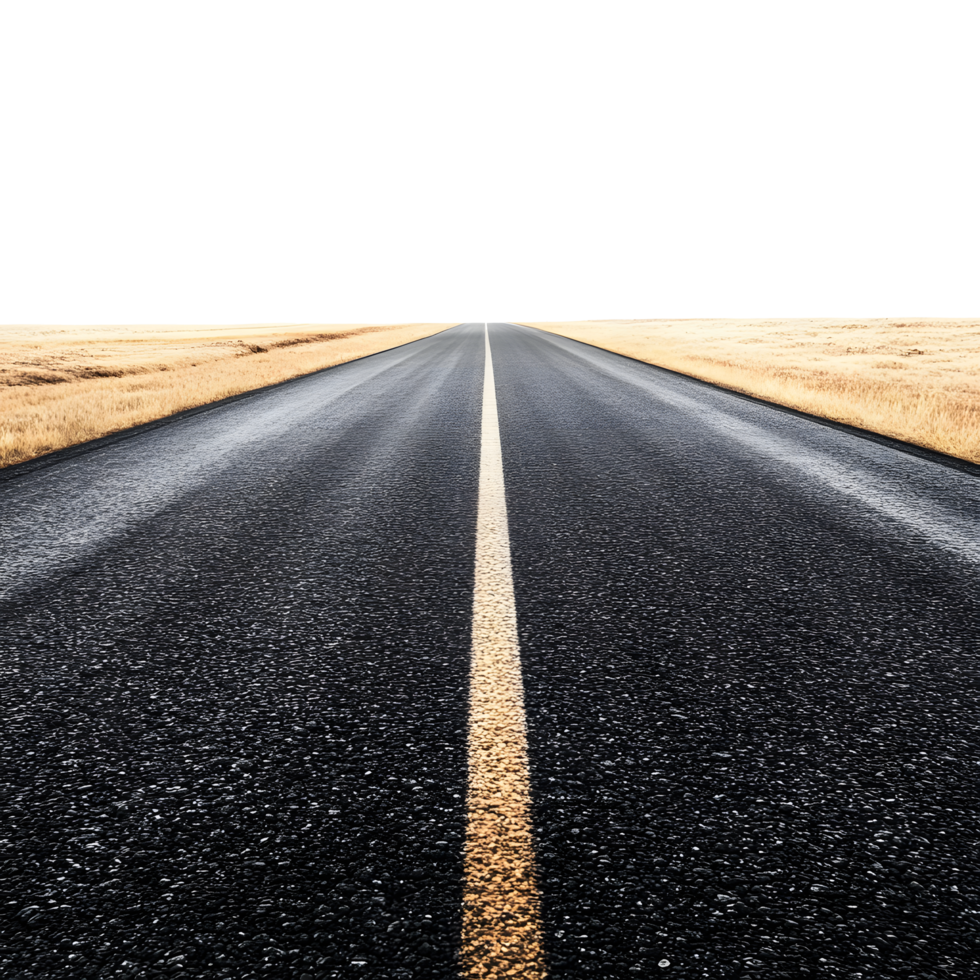 A long empty asphalt road with a white center line stretching into the distance isolated on transparent background png