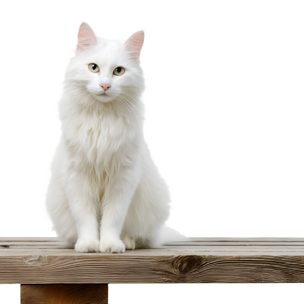 Majestic white cat with striking blue eyes sitting elegantly on a textured surface isolated on transparent background png