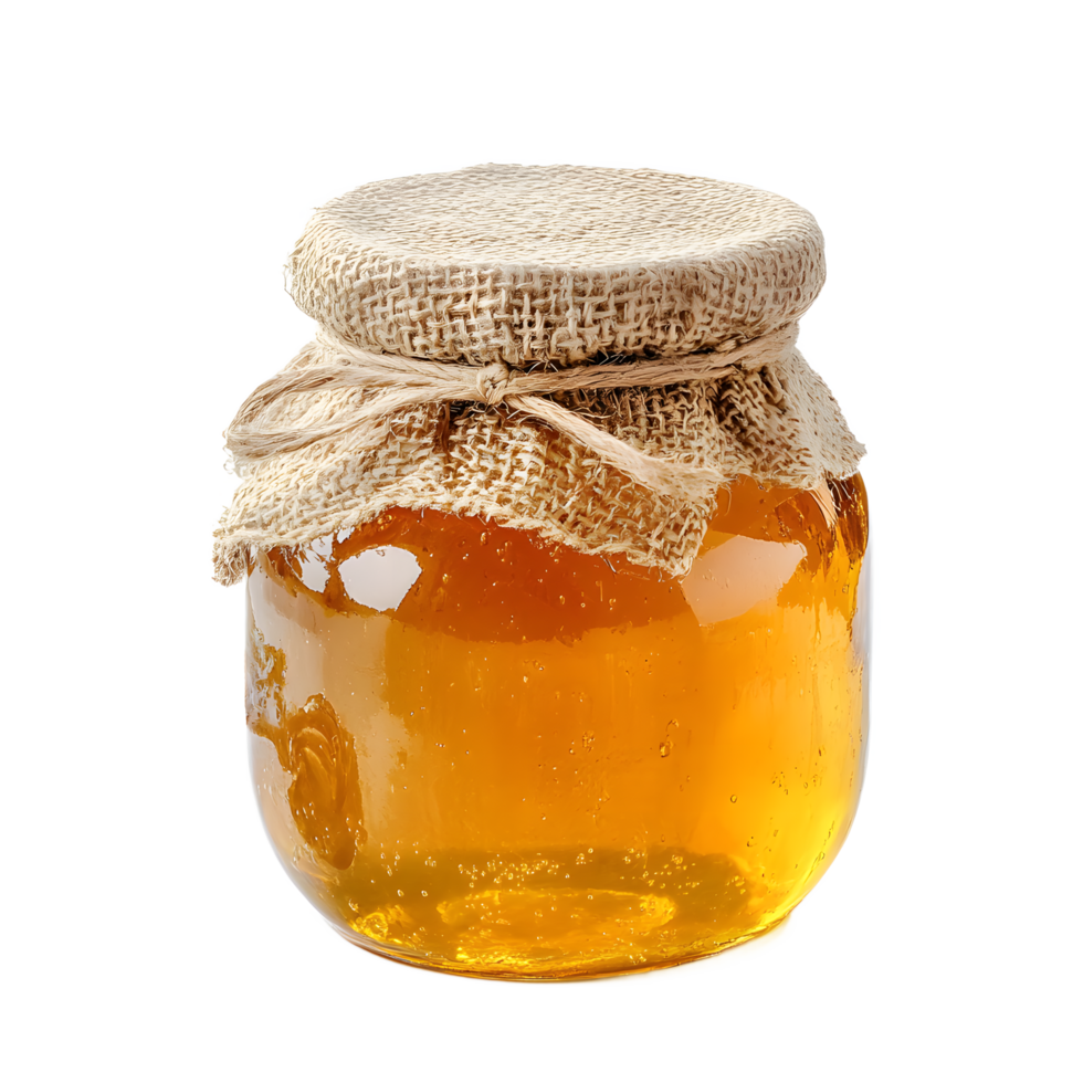 Glass jar filled with golden honey sealed with burlap and twine isolated on transparent background png