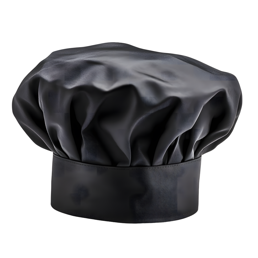 A black chef s hat with a tall pleated crown and a band at the base isolated on transparent background png