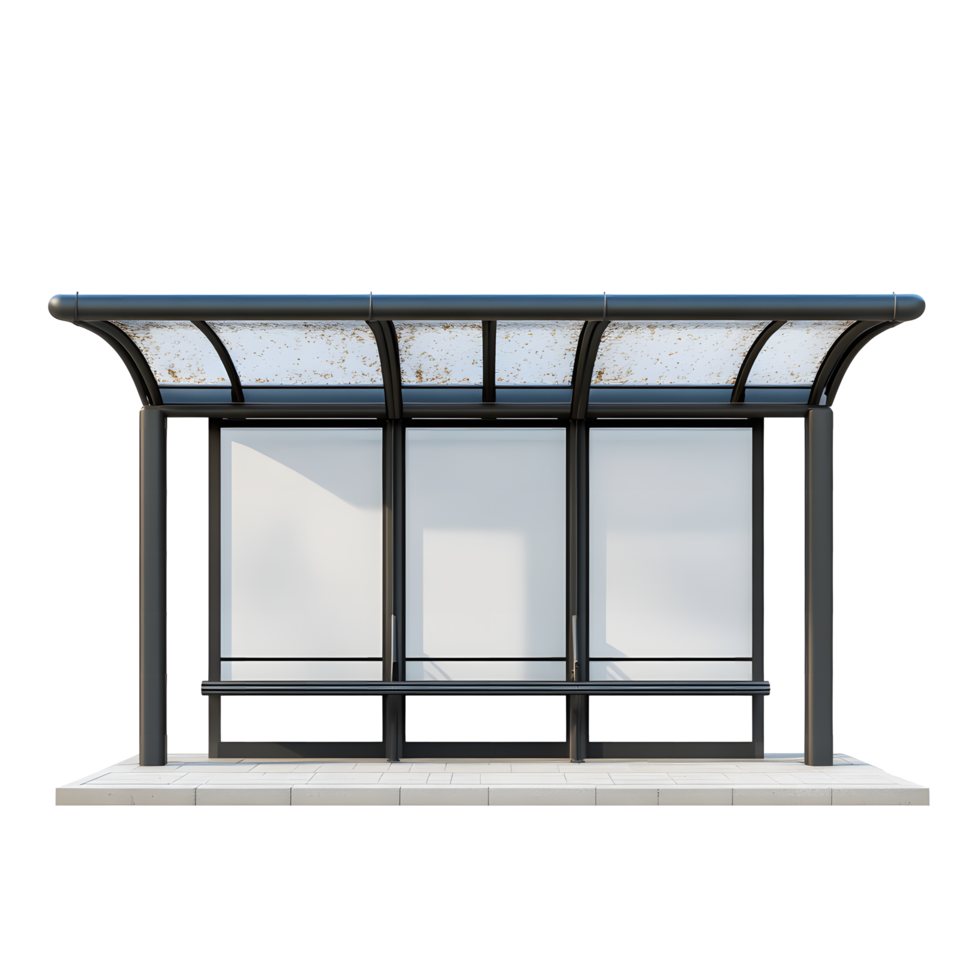 Modern urban bus stop shelter with seating and clear panels isolated on transparent background png
