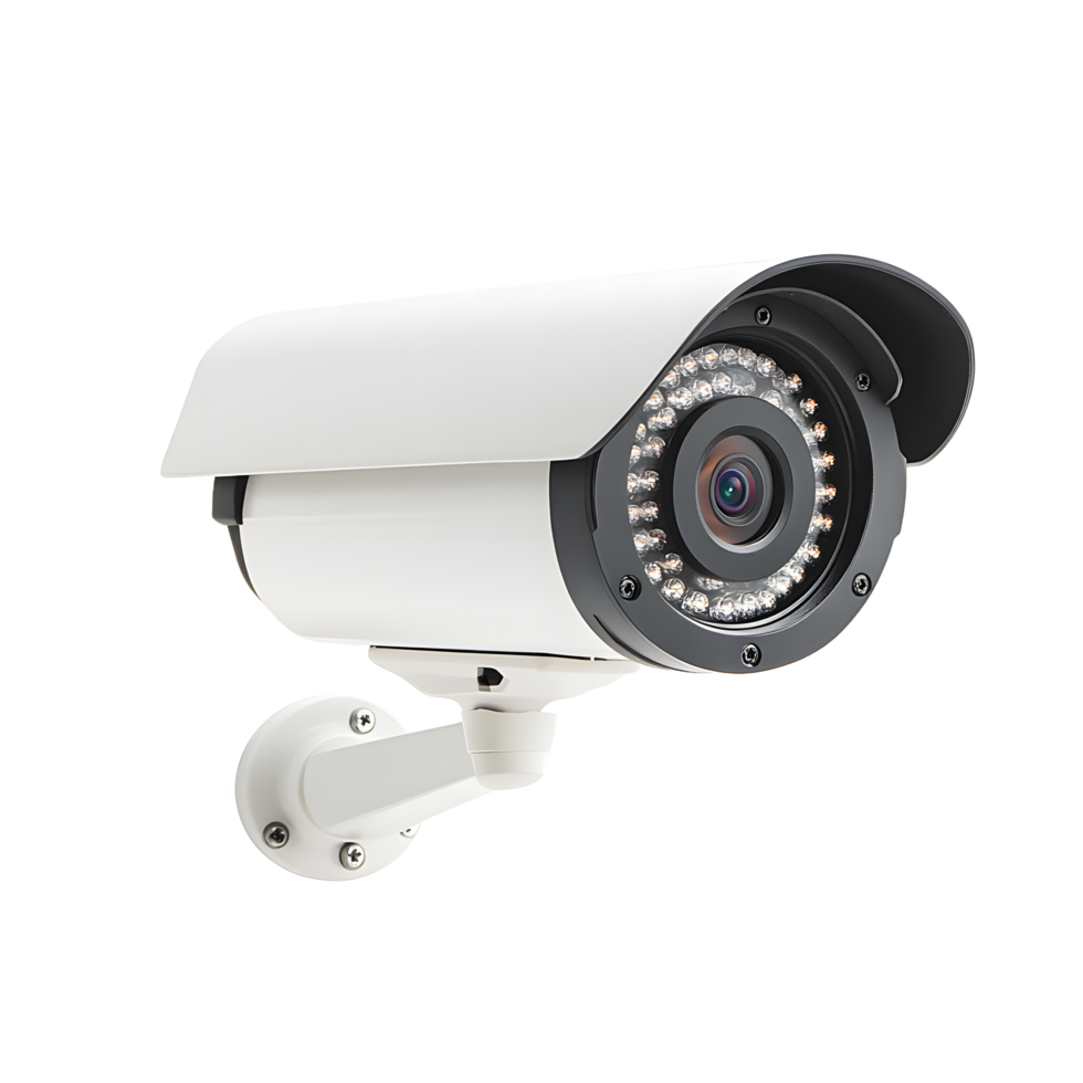 Modern white bullet security camera with infrared leds for surveillance isolated on transparent background png