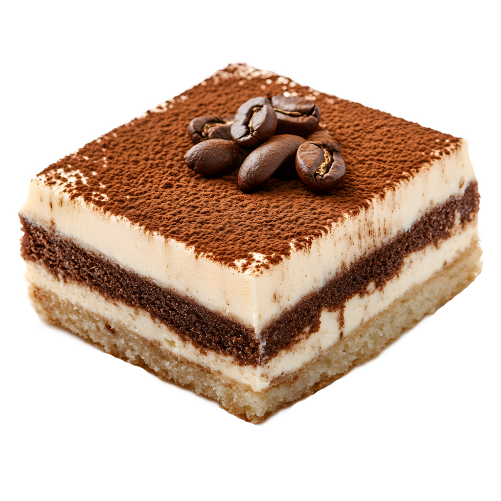 Delicious square tiramisu dessert topped with coffee beans isolated on transparent background png
