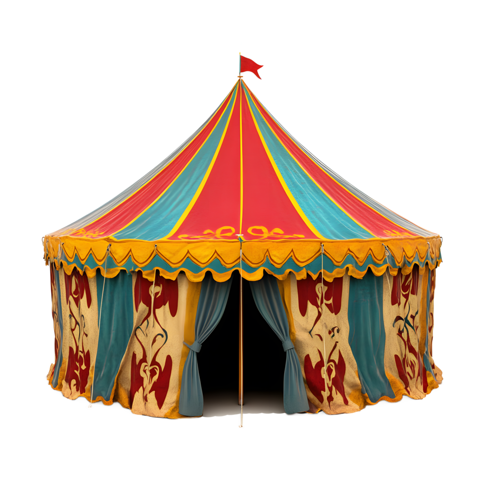 Vibrant colorful circus tent with decorative banners isolated on transparent background png