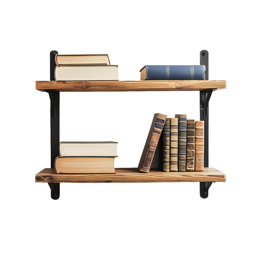 Rustic wooden bookshelf with a collection of antique and modern books isolated on transparent background png