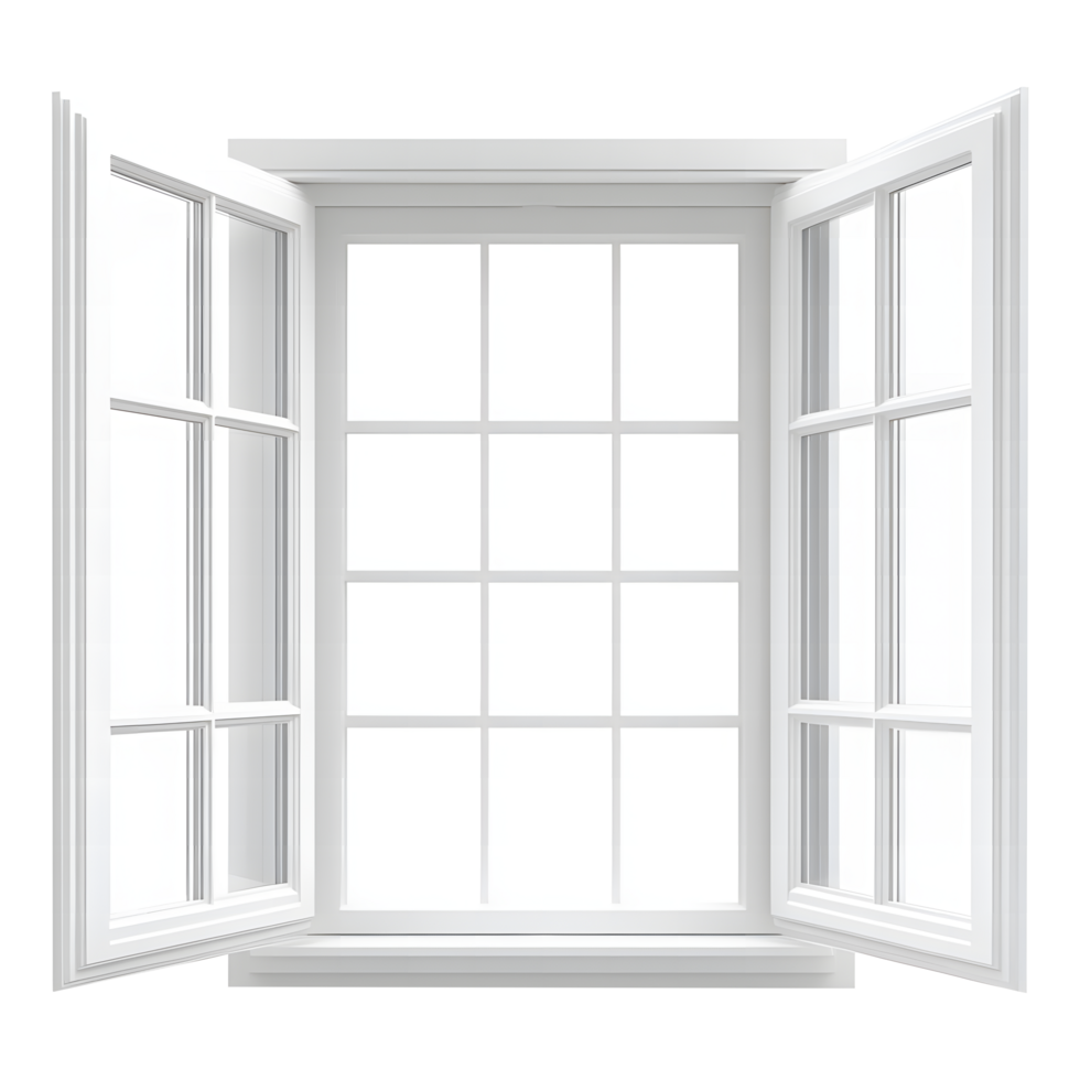 Classic white casement window with open panes showing a bright clear view isolated on transparent background png