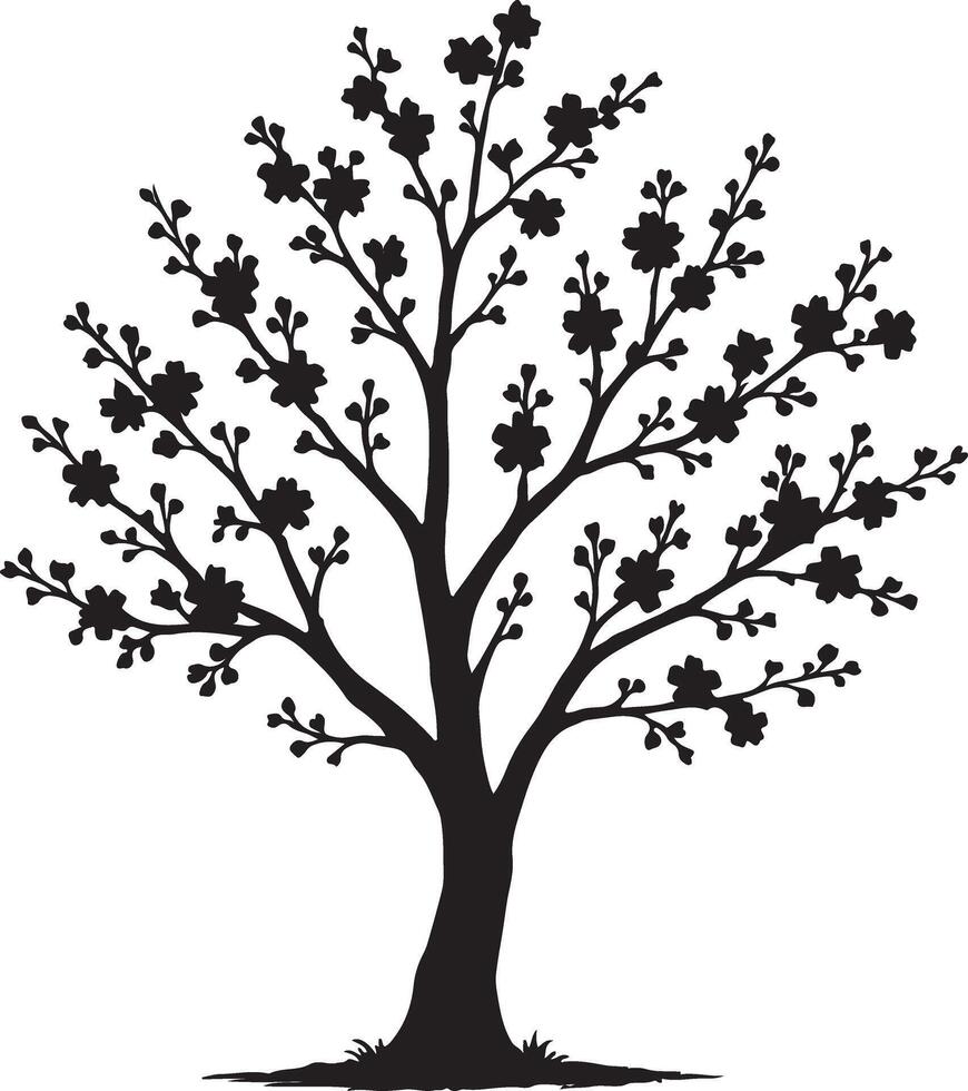 Serene Black Silhouette of a Blossoming Tree in Full Bloom, Elegant Nature Illustration, Peaceful Springtime Scene vector