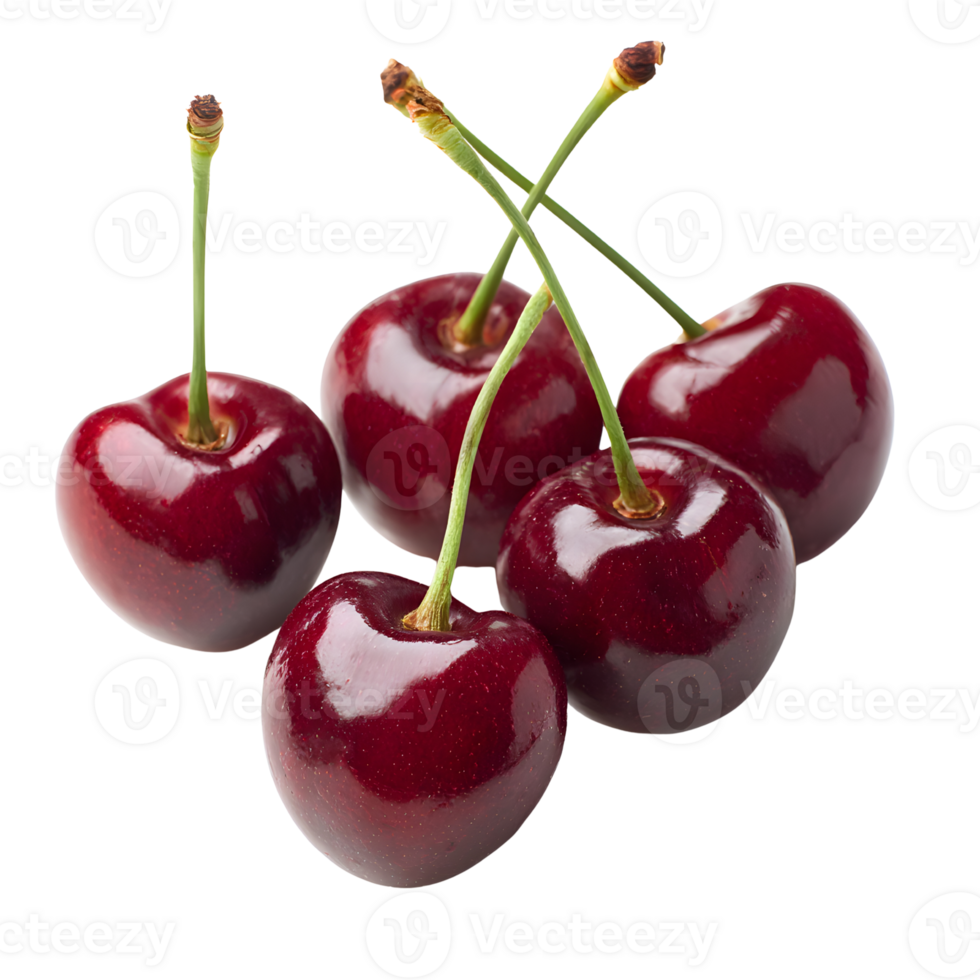 Ripe Red Whole Cherries with Stems on Transparent Background png