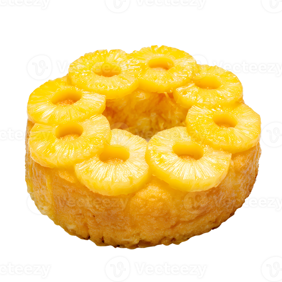 Elegant pineapple upside-down cake with caramelized pineapple rings on transparent background png