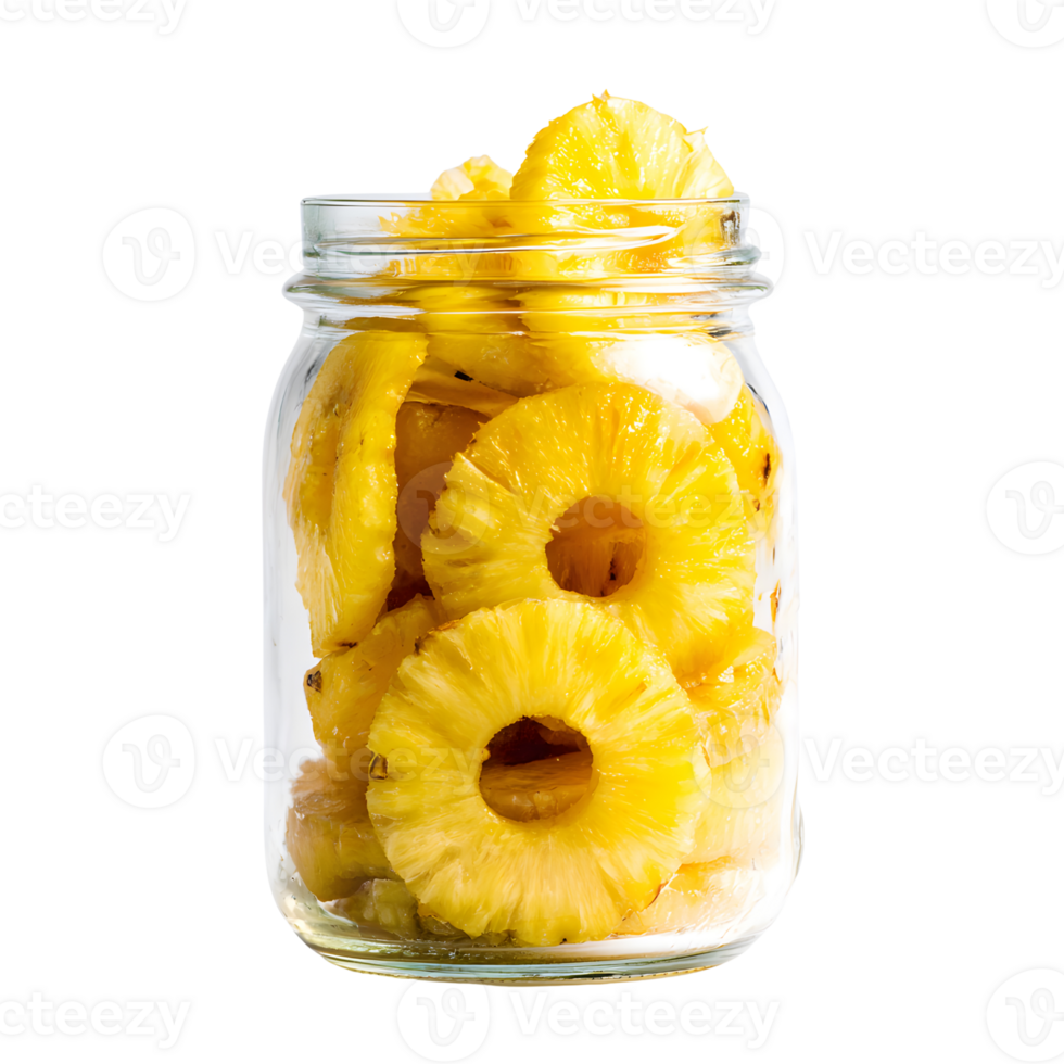 Delicious pineapple rings preserved in a glass jar with transparent background png