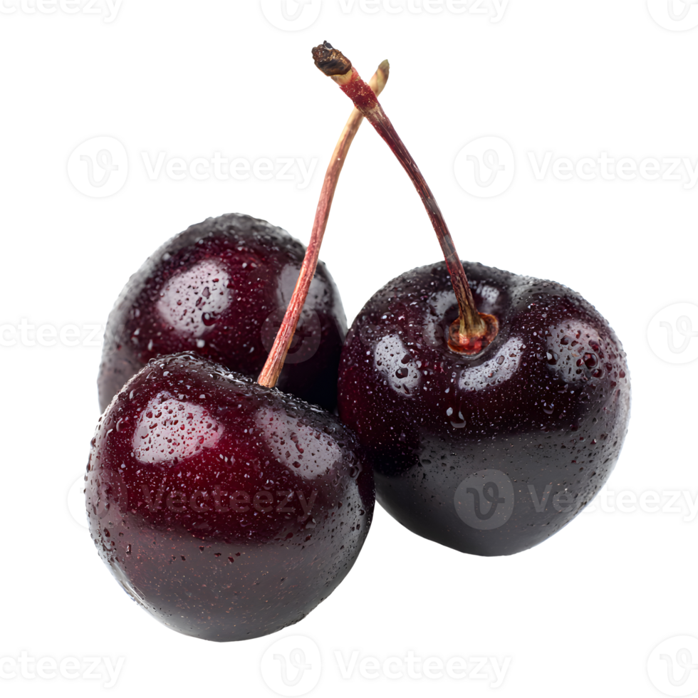 Transparent background showcasing fresh black cherries with their glossy skin and rich deep color png