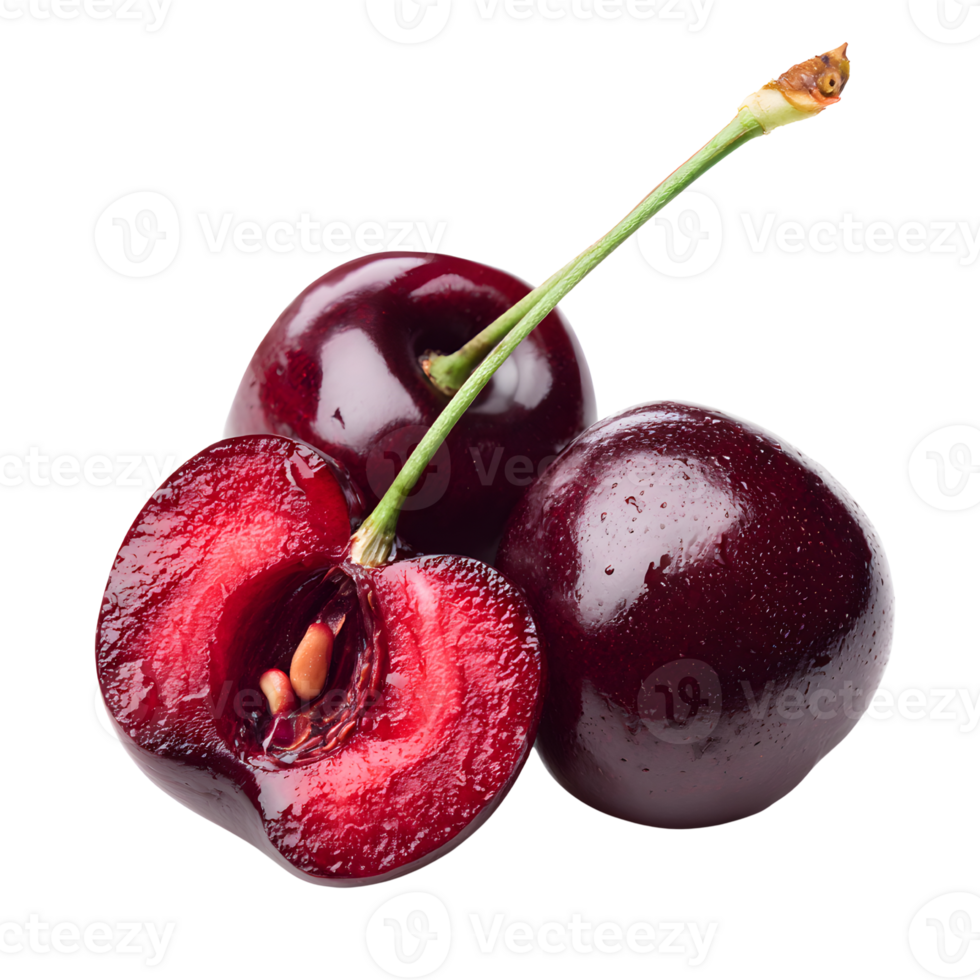 Halved and Sliced Fresh Cherries on Transparent Background png
