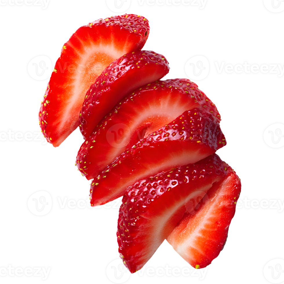 Sliced strawberries artistically placed on a transparent background for a striking image. png
