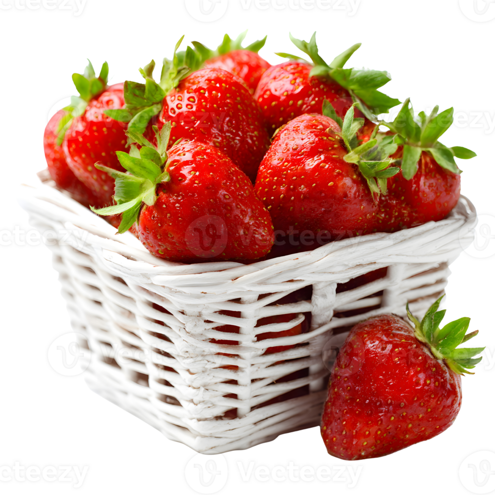 Fresh strawberries elegantly arranged in a rustic basket on a transparent background for a image. png