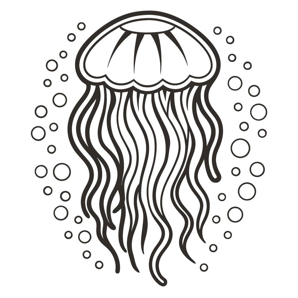 Jellyfish outline with floating bubbles underwater marine illustration, ocean life, aquatic animal, simple black and white drawing vector