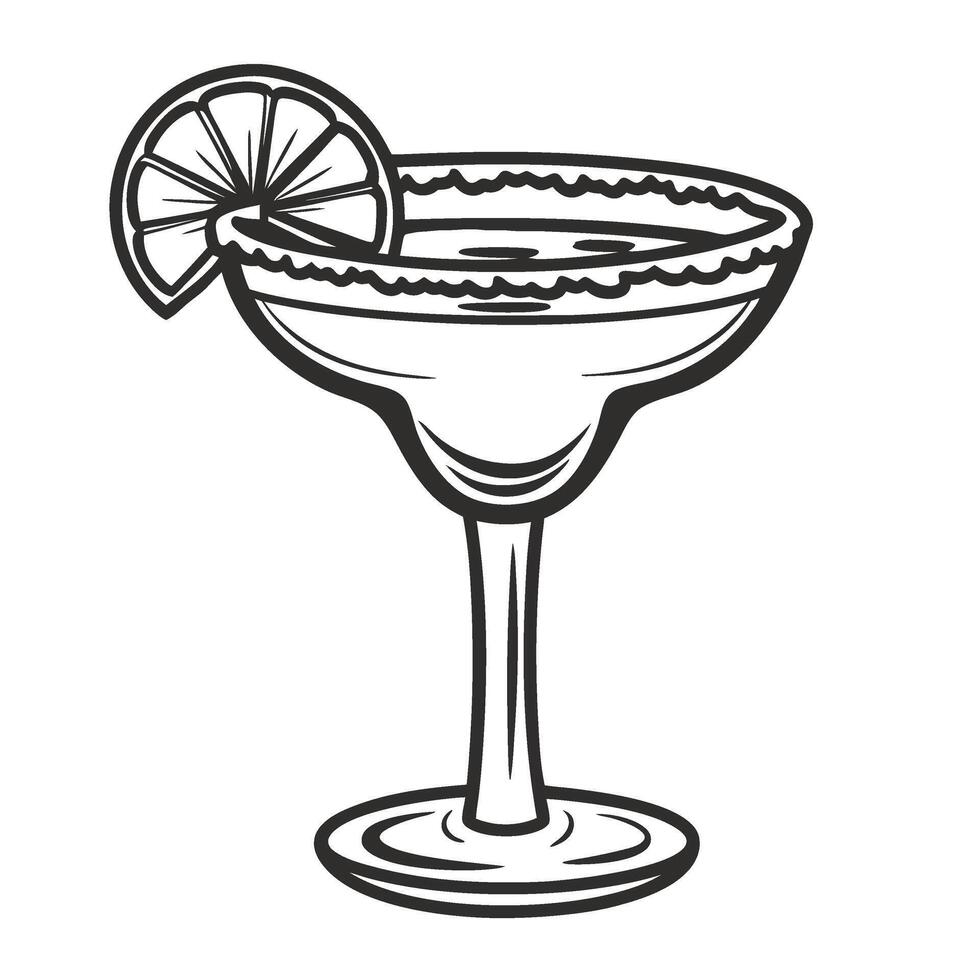 Classic margarita cocktail in elegant glass with lime wedge garnish hand drawn sketch illustration, festive summer party drink vector