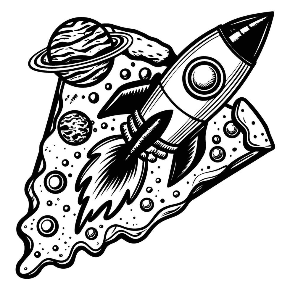 Rocket spaceship launching from a slice of pizza in outer space surreal universe, planets, whimsical cosmic adventure vector