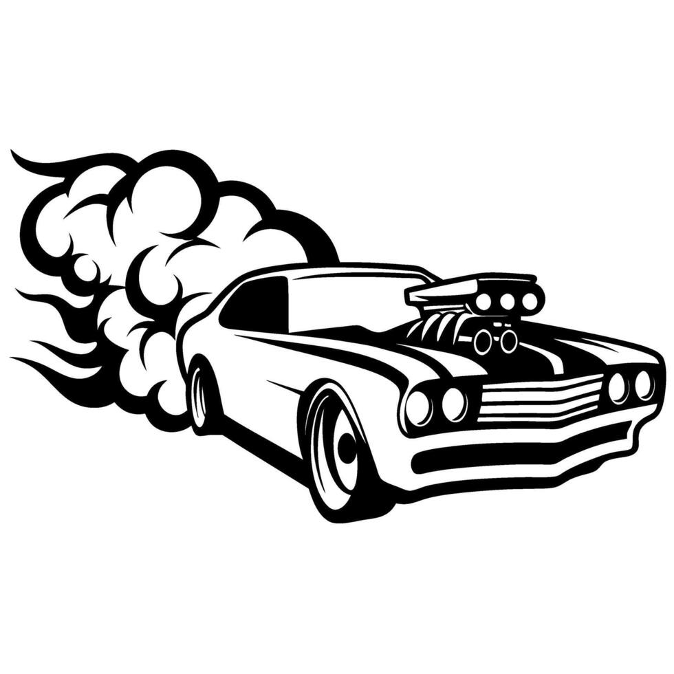Muscle car burnout in motion classic american vehicle with smoke, powerful engine, street racing speed, retro automotive illustration vector