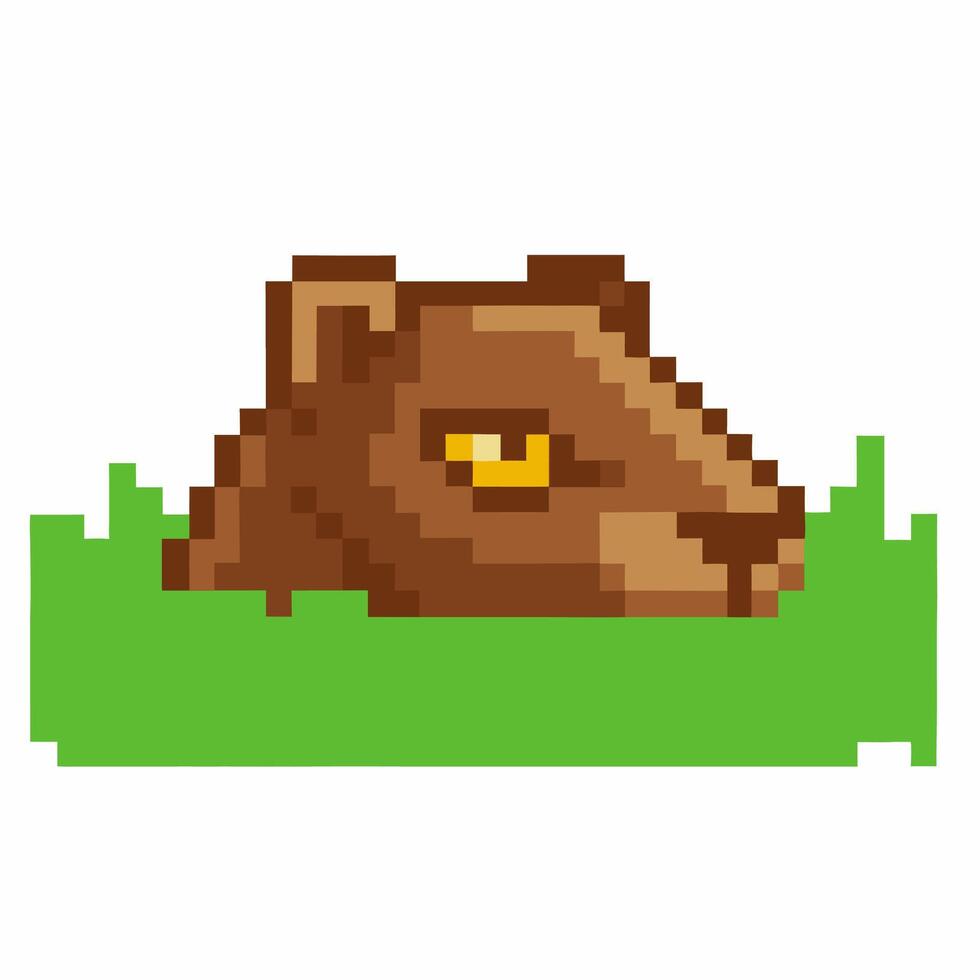 Pixel art animal head in grass, digital brown creature design, retro game character, blocky vintage pixelated icon vector