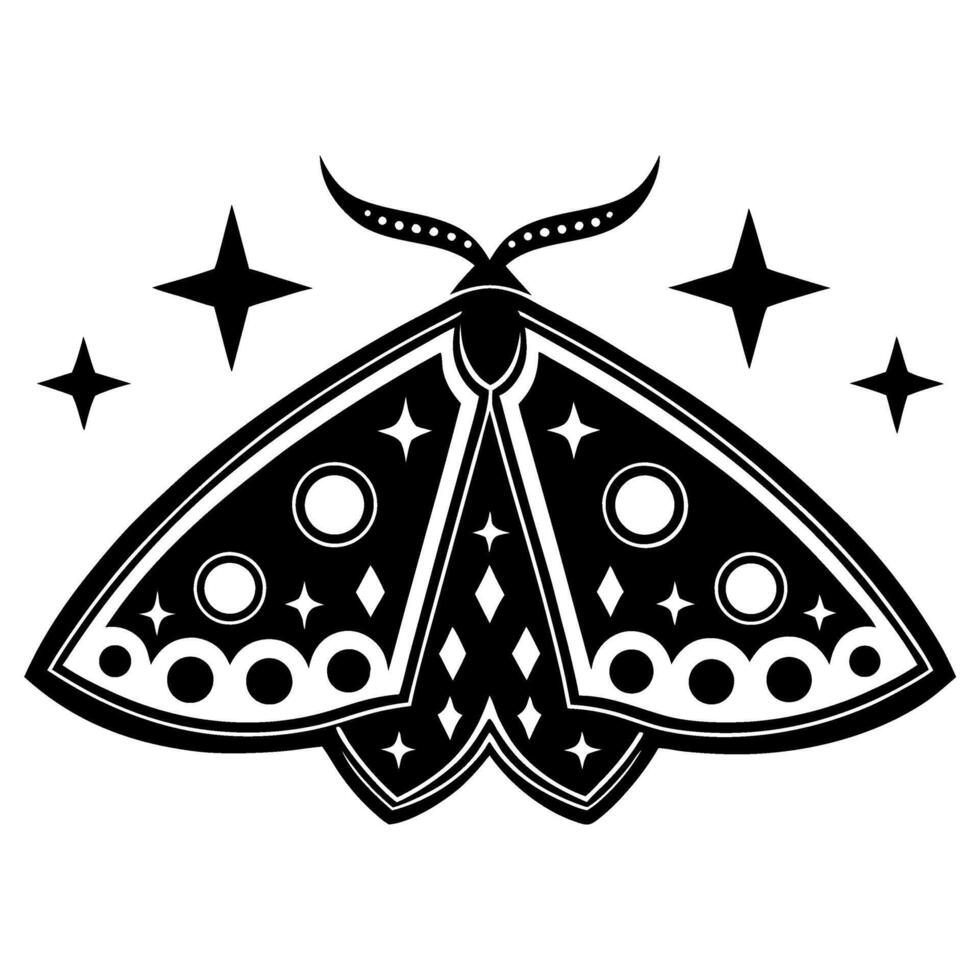 Black and white moth illustration with geometric shapes and stars elegant symmetrical insect design, boho night decor motif vector