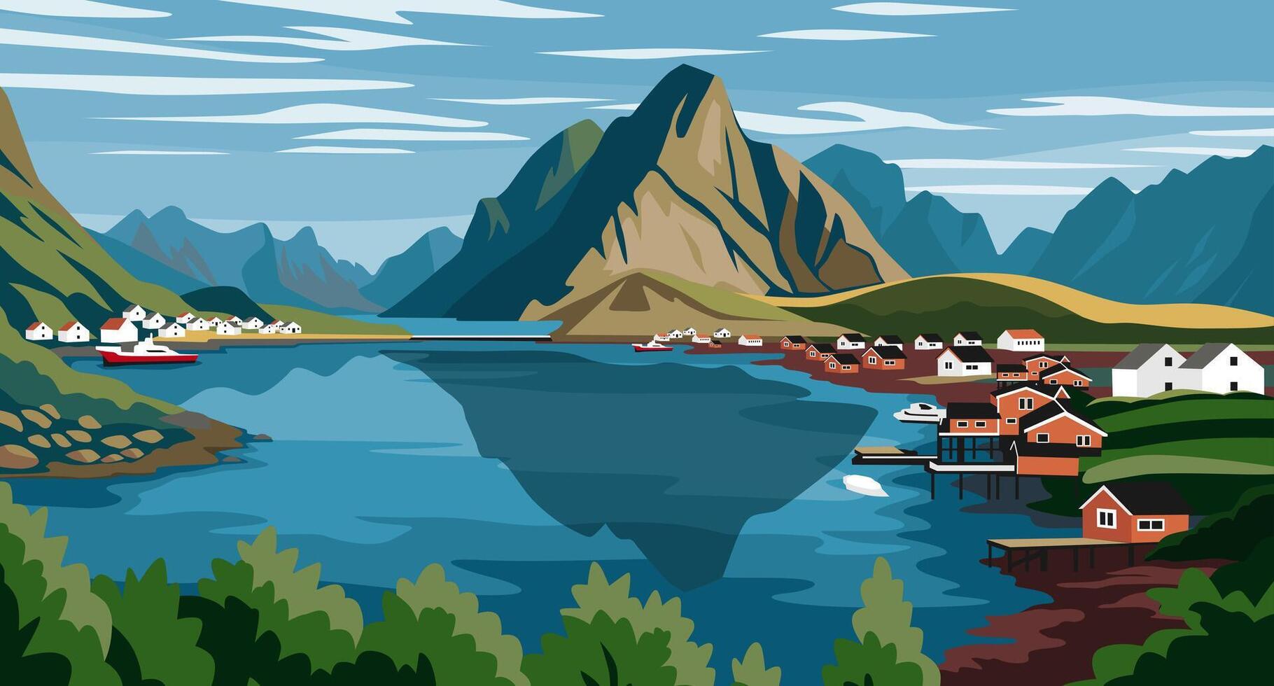 Landscape of Scandinavian Fjord Village Art vector