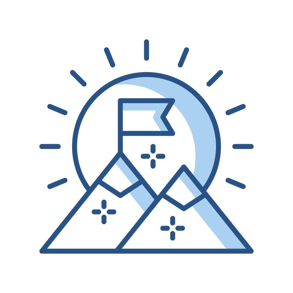 a mountain with a flag on top and a sun behind it vector