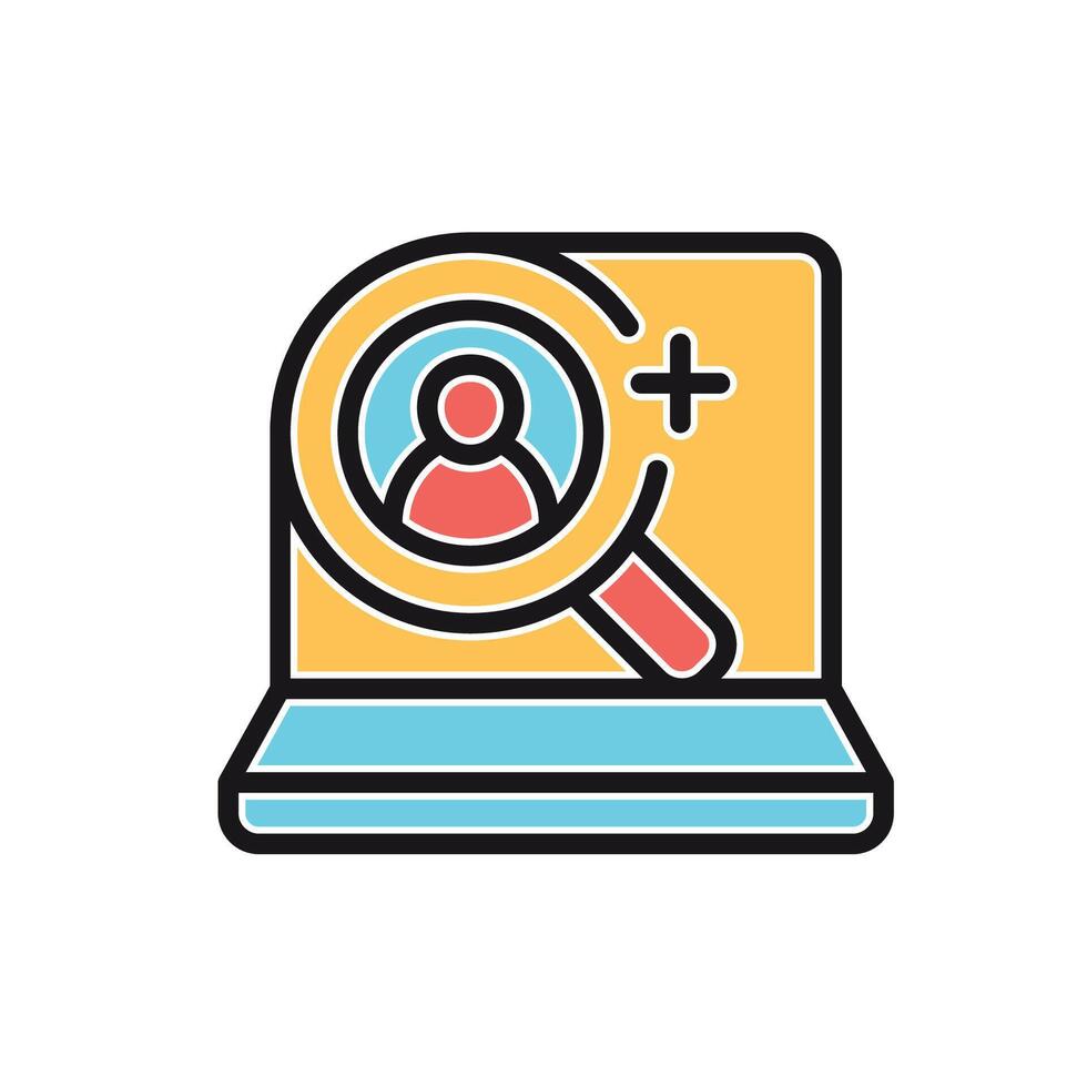 a magnifying glass icon with a person looking at it vector