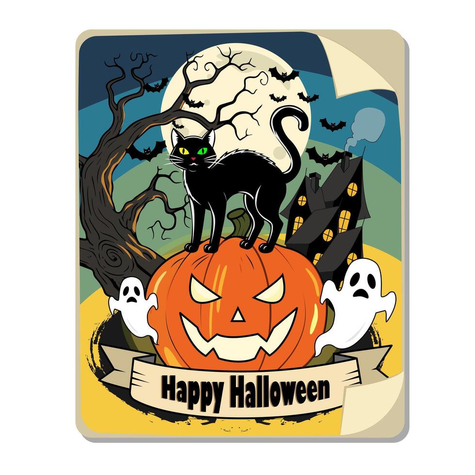 Black cat standing on carved pumpkin with ghosts, haunted house, bats, full moon and spooky tree. Cartoon illustration with Happy Halloween text. Halloween celebration. Design for postcard, banner vector