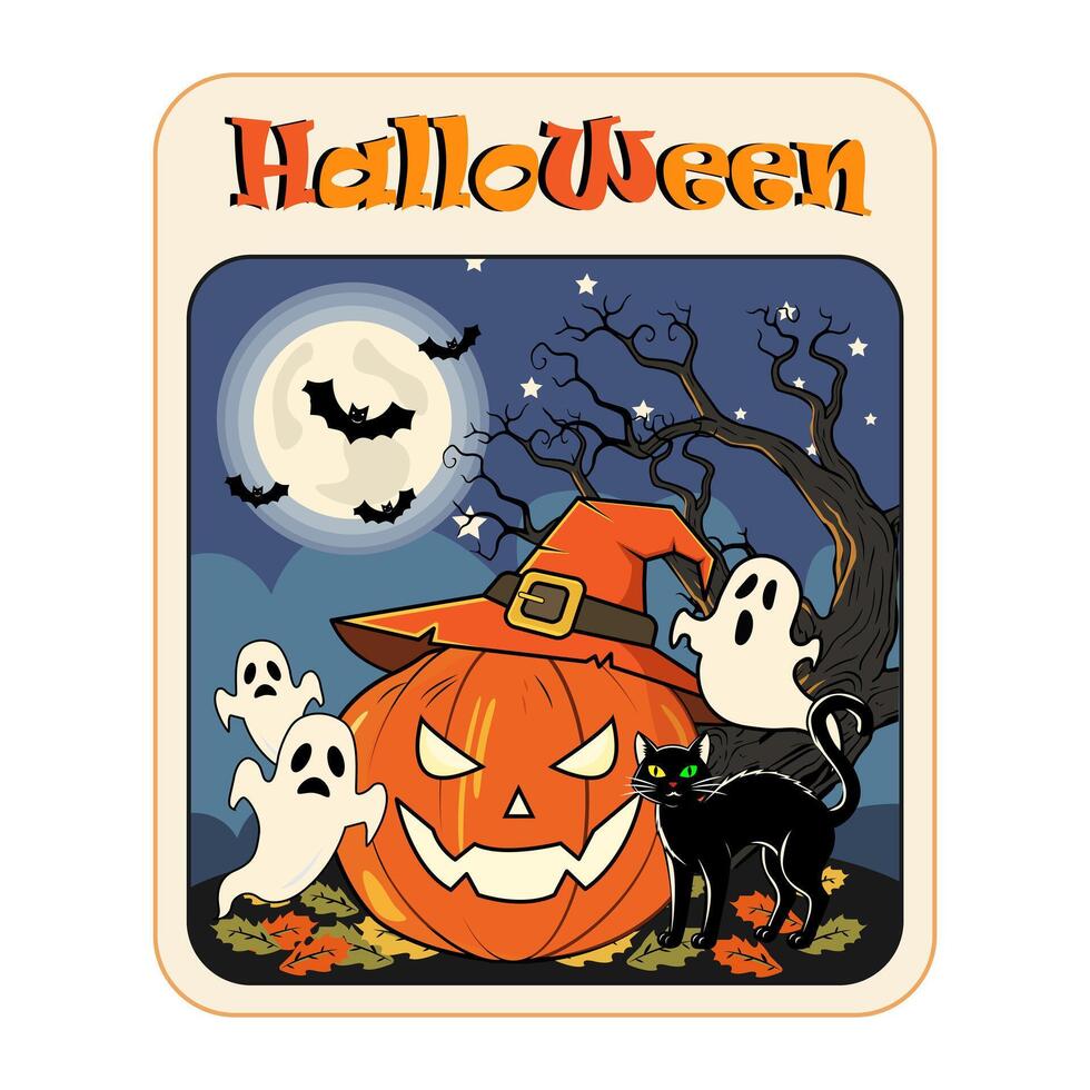 Pumpkin in a witch's hat with a black cat, ghosts, bats, full moon and dry trees on a Halloween theme vector