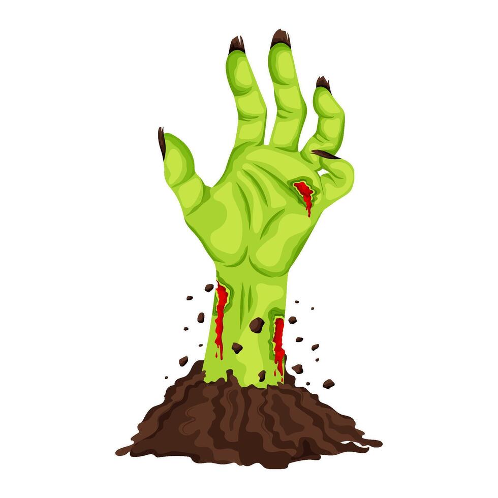 Scary zombie hand from the grave. Monster arm from the ground. illustration in cartoon style for Halloween design. vector