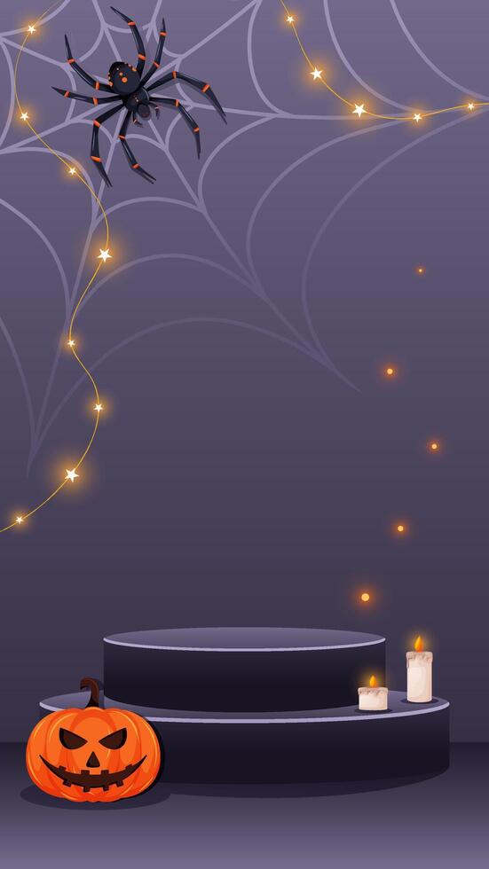 Halloween spooky podium for product display, glowing candles, creepy spider on web, string lights, and scary pumpkin. illustration vector