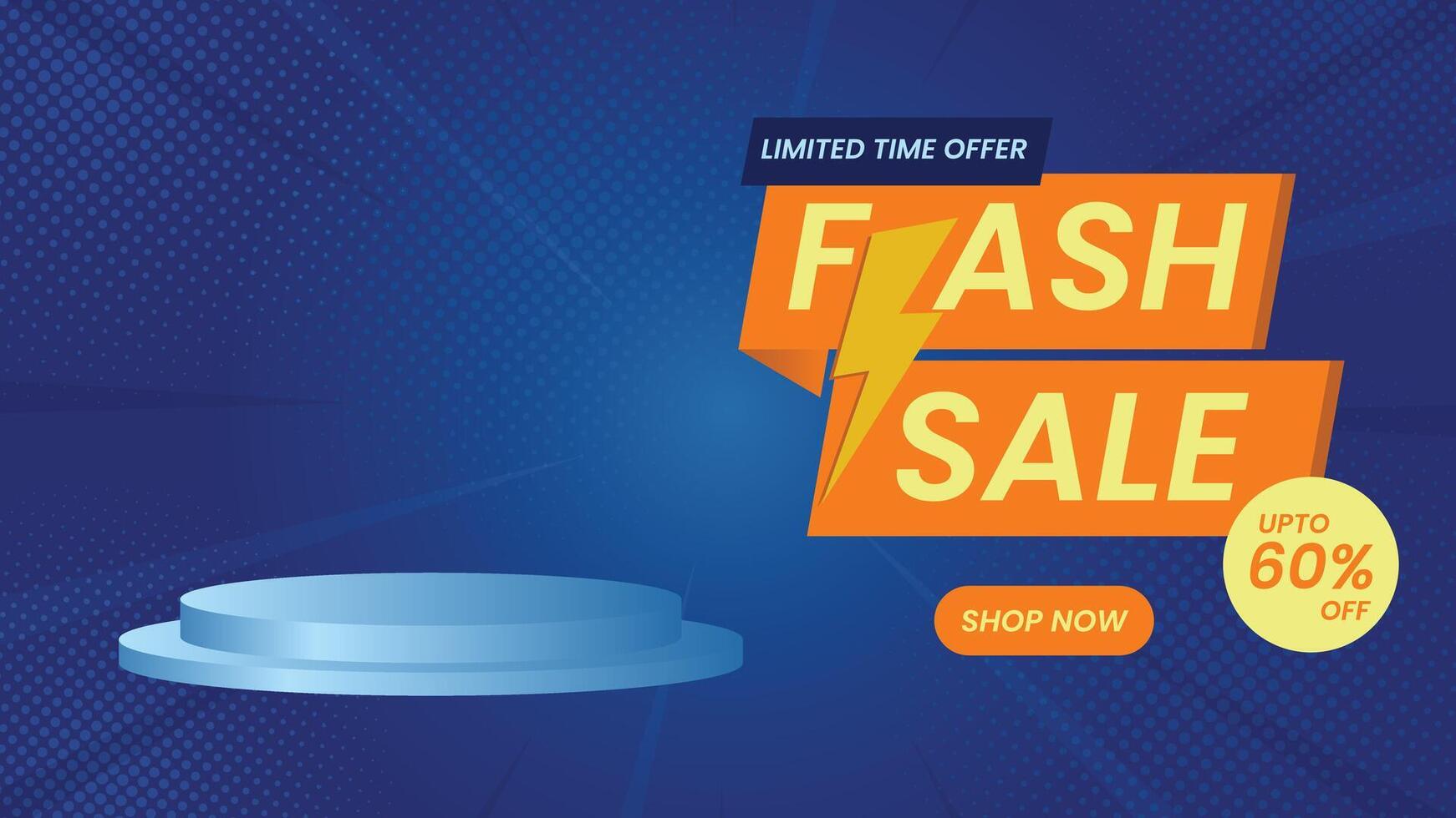 Flash sale promotional background with podium stage lightning bolt and bright text on blue halftone theme ideal for discount banners and online shopping ads vector