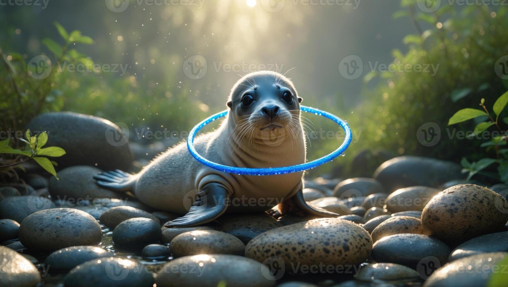 Playful seal with a glowing blue ring resting on smooth stones in a serene, sunlit environment photo