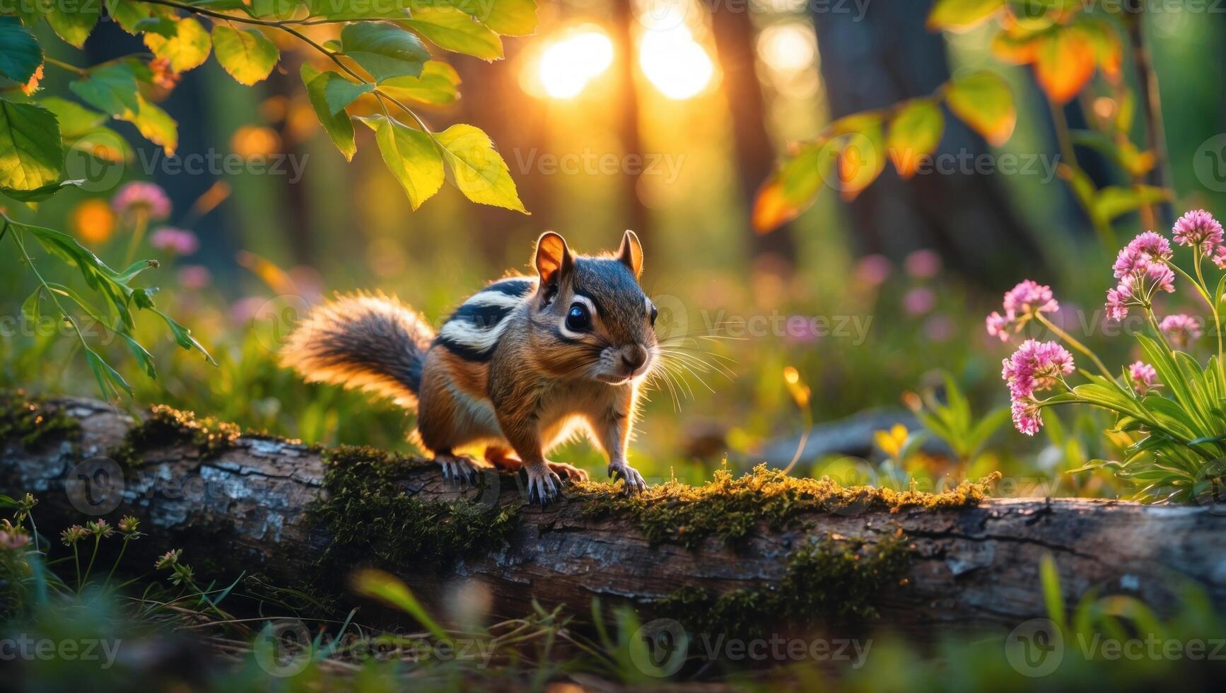 A curious chipmunk exploring a sunlit forest floor, surrounded by vibrant flowers and greenery photo
